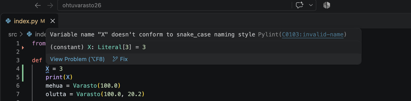 Visual Studio Code Pylint virhe